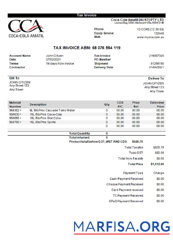 Blank USA Coca Cola invoice template